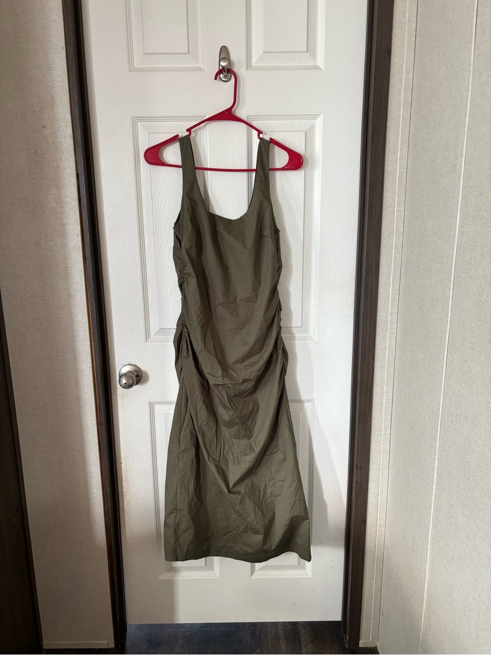 Olive Green Sleeveless Ruched Midi Dress
